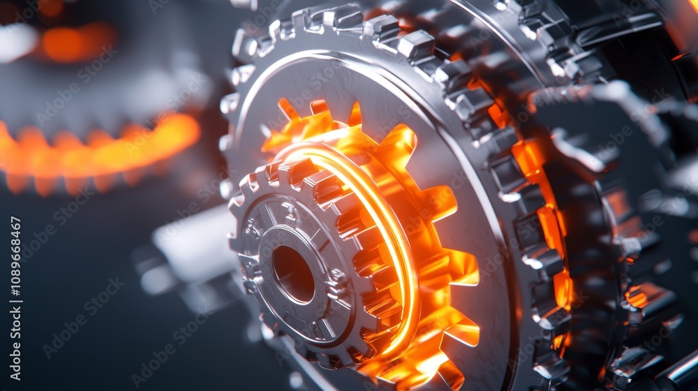 Poster dynamic gears in motion industrial setting close-up image mechanical environment high-tech engineeri