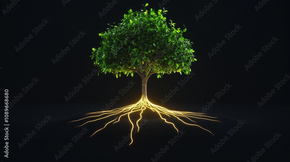 Poster transformative growth illuminated tree roots in dark setting nature art conceptual space inspiration