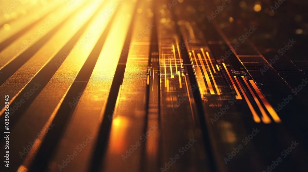 Poster abstract digital background with glowing lines and patterns reflecting warm golden light over a slee