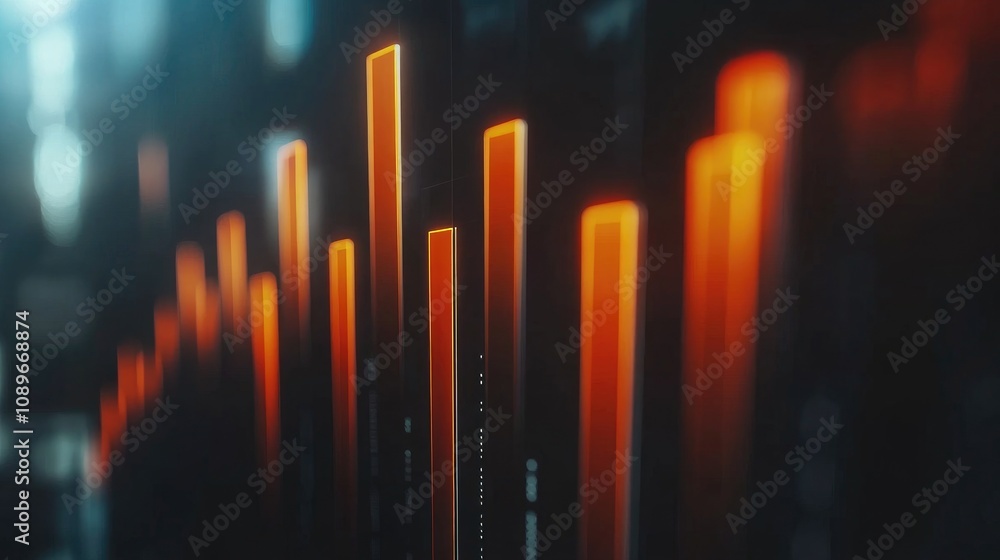 Poster abstract visualization of data trends with bright orange bars representing rising statistical figure