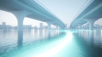 Illuminated bridge over calm waters urban cityscape digital art nighttime atmosphere futuristic perspective urban concept
