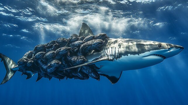 Great white shark swimming underwater with remoras attached.