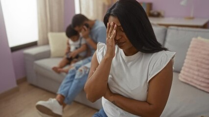 Woman feeling stressed while man sits on a couch with child in a cozy living room emphasizing family dynamics at home