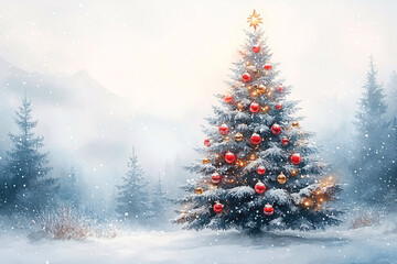 Obraz premium A dreamy watercolor illustration of a decorated Christmas tree in a serene snowy landscape, perfect for holiday cards, seasonal advertising, or festive decorations.