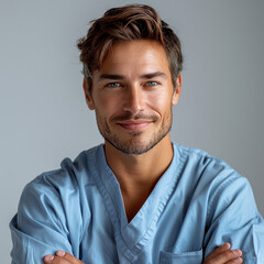 Obraz premium Portrait of a doctor in blue uniform Medical protective clothes with on neutral grey background isolated. Male beautiful young intern man . Healthcare avatar icon