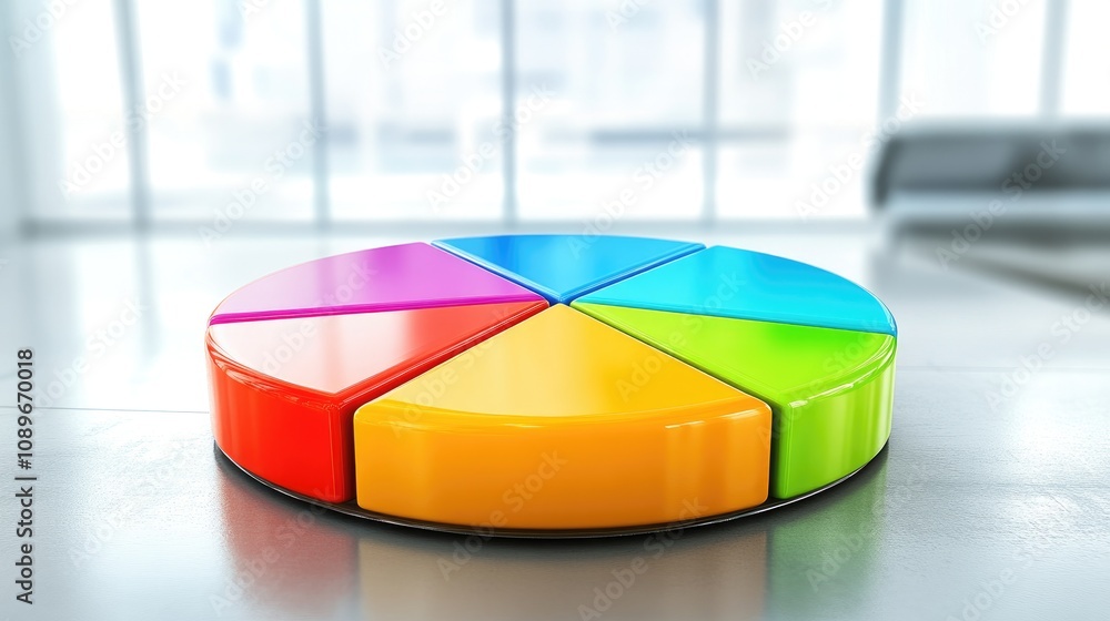 Poster colorful pie chart model showcasing different segments on modern office table with natural light and