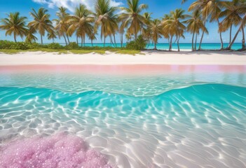 Fototapeta premium vibrant beach scene featuring colorful crystal clear soft whimsical lush tropical bright sunlight reflecting shoreline, sand, water, sky, wave, palm, shell