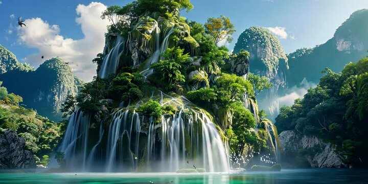 Jungle-covered island with towering waterfalls cascading into emerald pools, exotic birds and monkeys adding to the sense of adventure and mystery, 4K Video