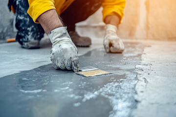 Worker Sealing Concrete Floor with Epoxy Resin During Home Renovation.
