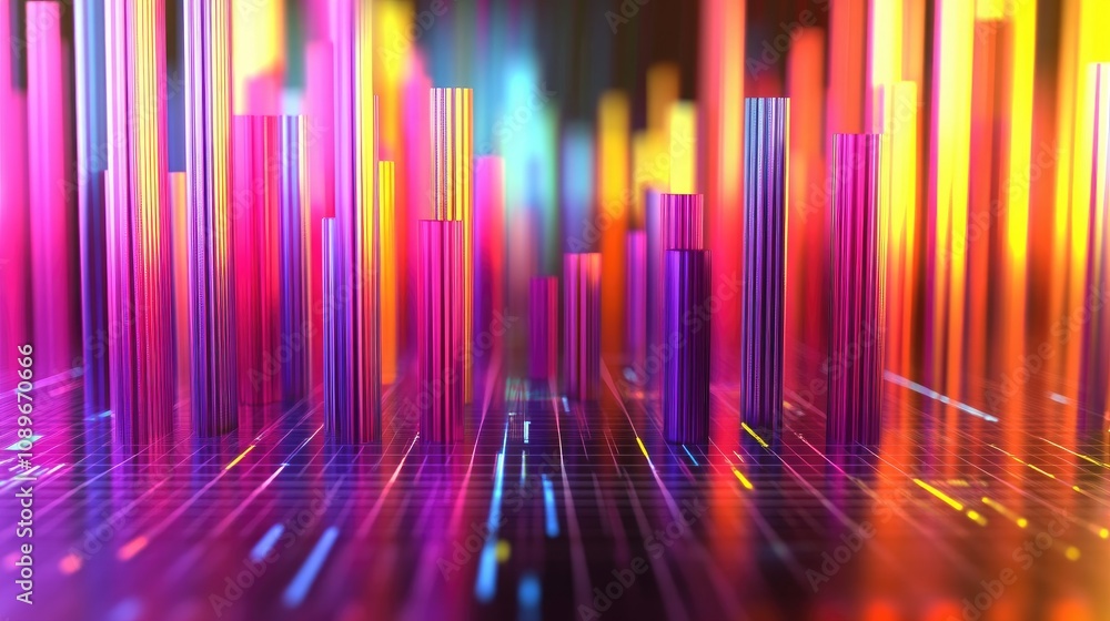 Poster vibrant colorful vertical bars representing data visualization in a futuristic neon environment with