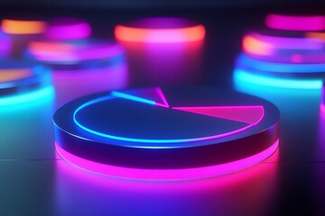 Abstract pie charts glowing in neon colors on a tech-inspired backdrop