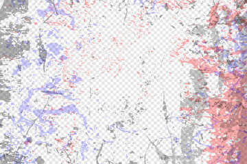 Vector illustration. Abstract artistic grunge texture layers with distressed details. Mix of red, blue, and grey color ink splashes on transparent background. Design for web banner, horizontal overlay