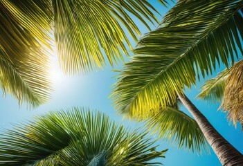 Naklejka premium lush tropical palm fronds gently blowing vibrant clear blue sky bright sunny day, azure, backdrop, botanical, calm, cloud, depth, environmental, exotic