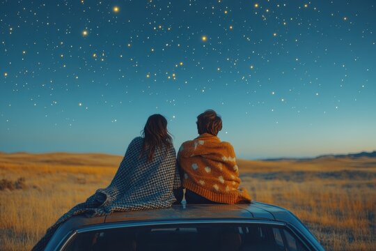 Couple sitting on top of a car under a starr sky