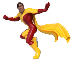 uomo con vestito rosso e giallo con mantello super   eroe su fondo trasparente isolato