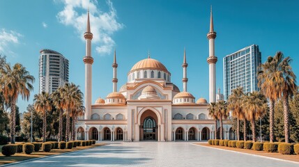 Obraz premium Grand mosque with palm trees and city skyline.