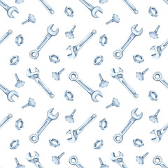 Naklejka premium Arrangement of wrenches, nuts, and bolts in watercolor illustration. Seamless pattern hardware tools clipart for backgrounds, web graphics, or packaging designs, and construction-themed projects.