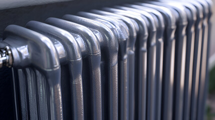 Modern metallic radiator with a polished finish, photographed in natural light to highlight its sleek design and durability.