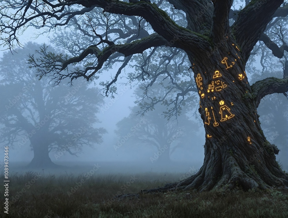Poster an ancient oak tree with glowing carvings on its trunk, standing in the middle of a foggy meadow