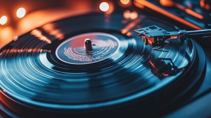 A close-up of a vinyl record spinning on a turntable with warm lights in the background.