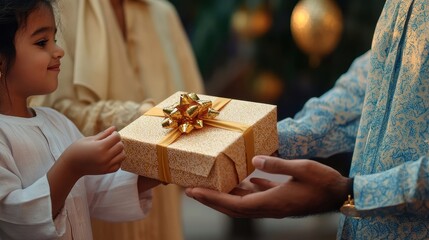 A family happily exchanges gifts during Eid al-Adha in their beautifully decorated home
