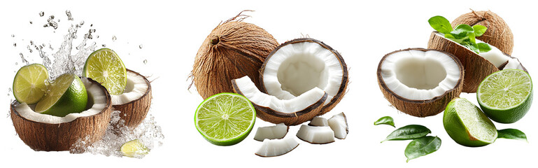 Fresh coconuts split open with lime slices and water splash transparent background