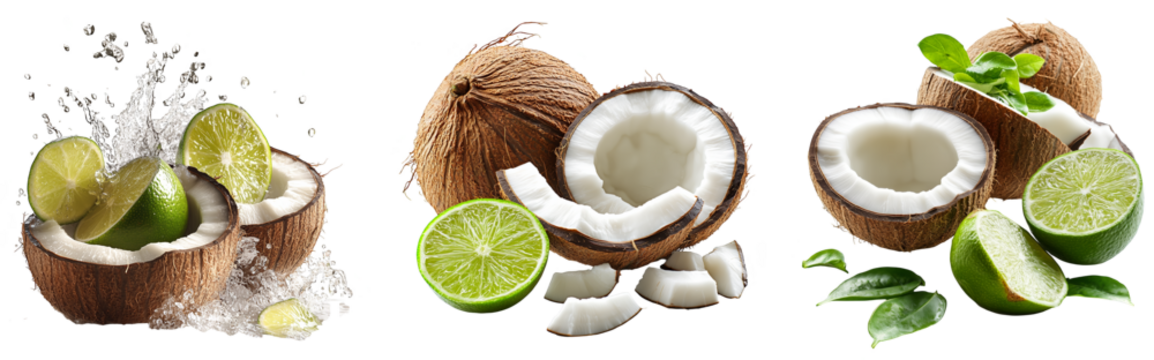 Fresh coconuts split open with lime slices and water splash transparent background
