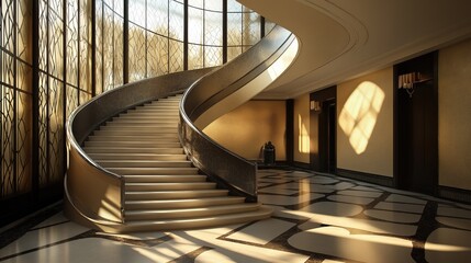 Obraz premium Symmetrical Art Deco Staircases Enhance Elegance in a Modern Interior Space