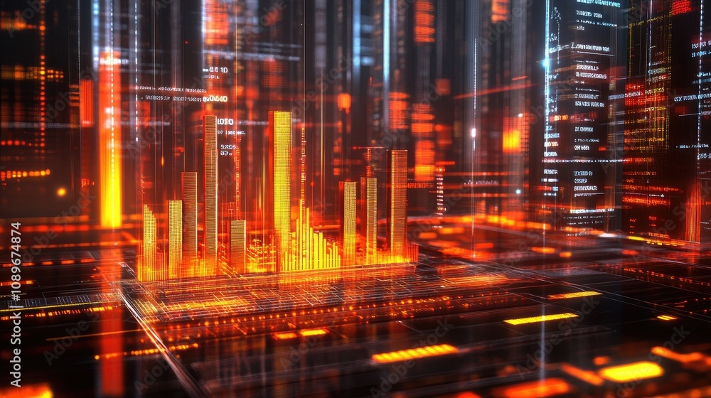 Poster futuristic data visualization with glowing bar graphs against a dark background, representing high-t