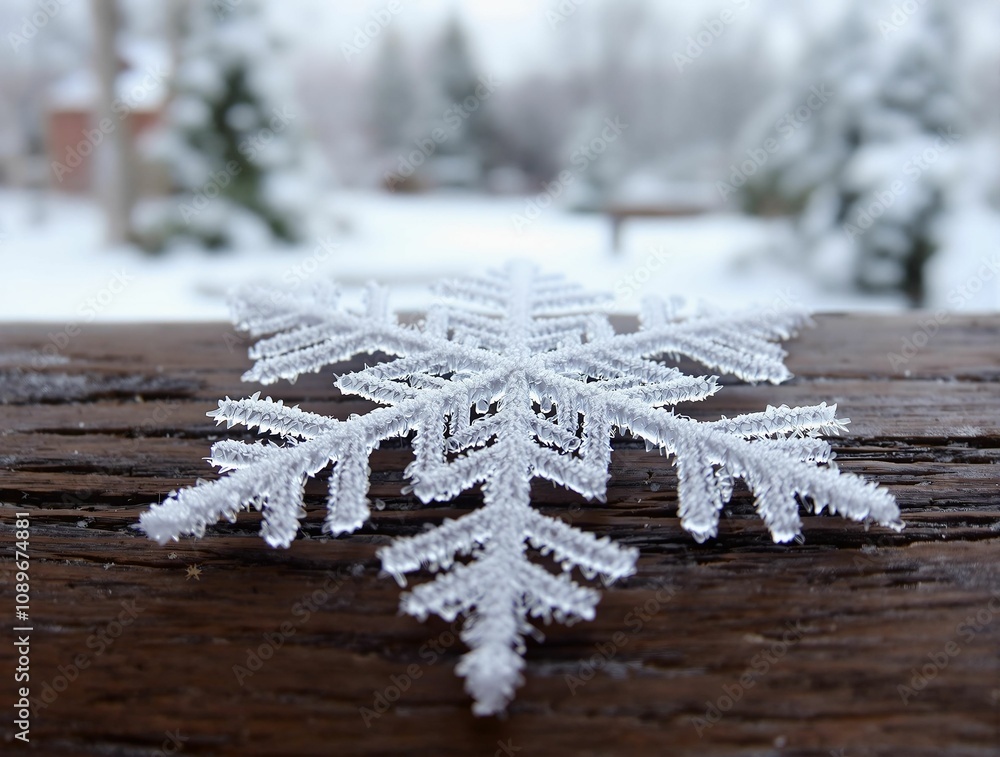 Poster Intricate frosted snowflake resting on a wooden surface with blurred winter scenery in the background