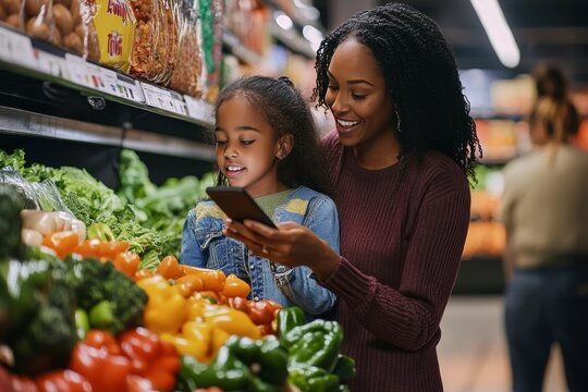 A joyful shopping trip between mother and daughter exploring fresh vegetables in a local grocery store on a sunny afternoon