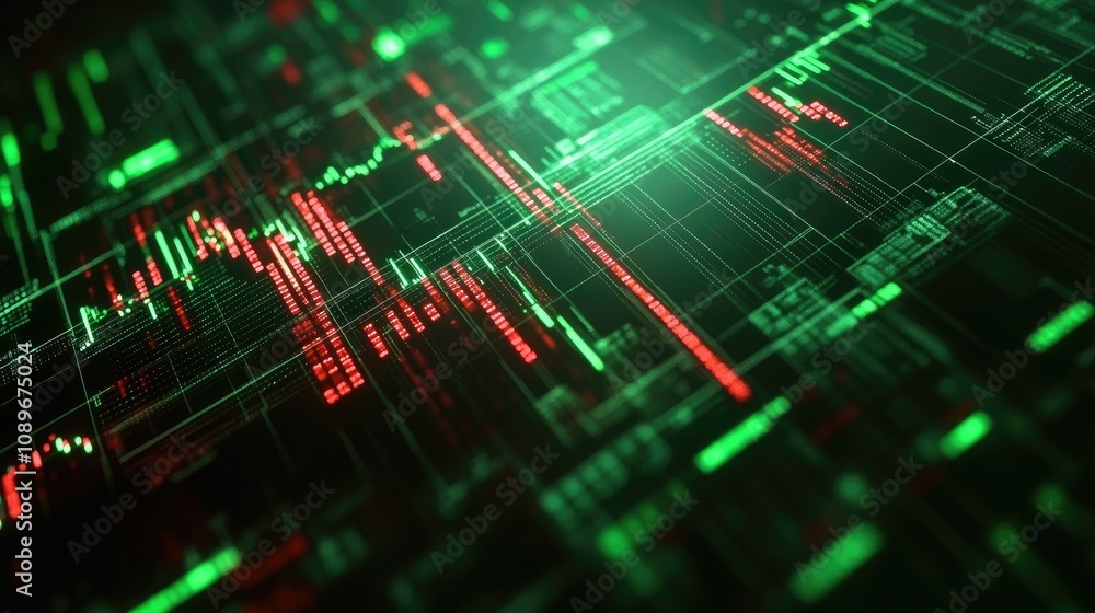 Poster abstract data visualization with glowing green and red lines on a dark background representing digit