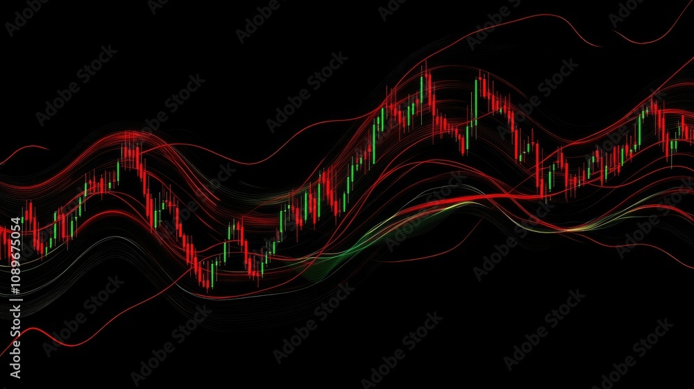 Poster abstract financial market trends visualization with colorful wave patterns and candlestick chart rep
