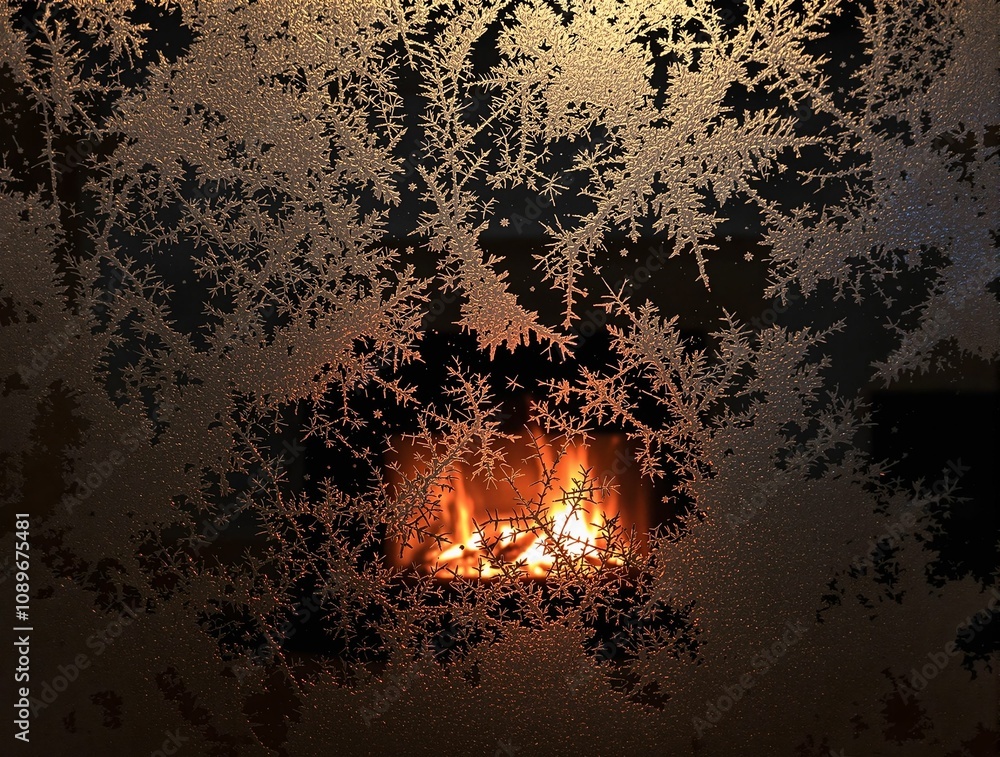 Poster icy frost patterns on a glass window, illuminated by the warm light of a glowing fireplace behind