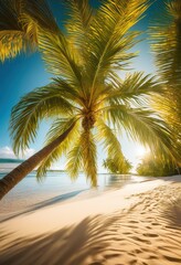 Obraz premium lush palm tree shadows creating beautiful patterns golden sandy beach under clear blue sky, tropical, nature, vacation, landscape, foliage, outdoor, coast