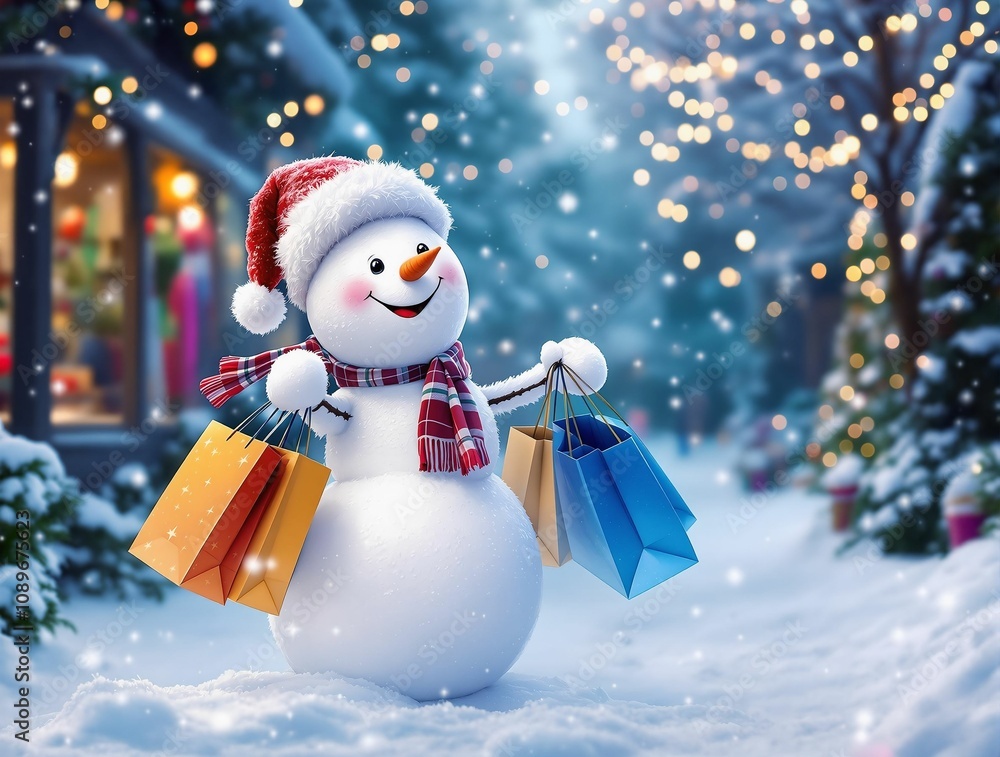 Aufkleber a snowman with a red scarf and glowing buttons, standing in a snowy meadow surrounded by evergreen t