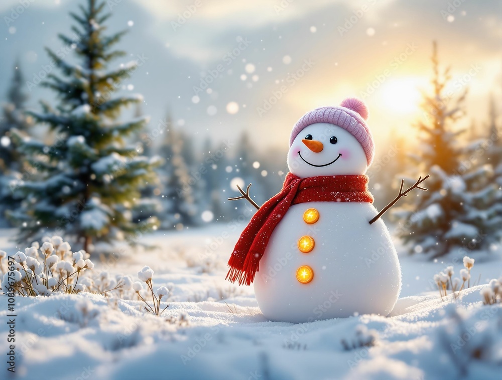 Poster a snowman with a red scarf and glowing buttons, standing in a snowy meadow surrounded by evergreen t