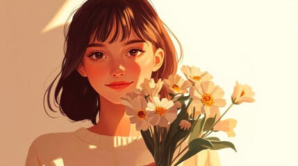 Fototapeta premium Young woman holding a blooming bouquet, her eyes full of joy, generative ai