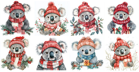 Adorable Koala Christmas Watercolor Illustrations - Eight charming watercolor koalas, wearing winter hats and scarves, celebrate Christmas.  Winter, holiday, cute, animals, festive.