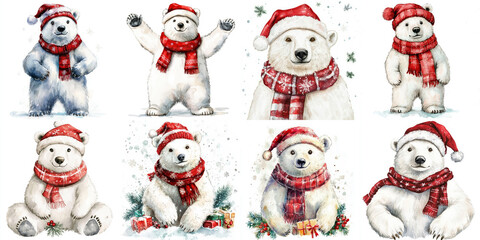 Adorable Polar Bears in Winter Wonderland - Eight charming polar bears, wearing Santa hats and red scarves, celebrate the Christmas season in a snowy landscape.  Symbolizing joy, winter, holidays, war