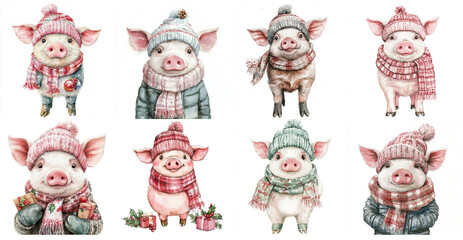 Adorable Pigs in Winter Hats - Cute watercolor pigs wearing winter hats and scarves, symbolizing warmth, winter holidays, joy, cuteness, and festive cheer.