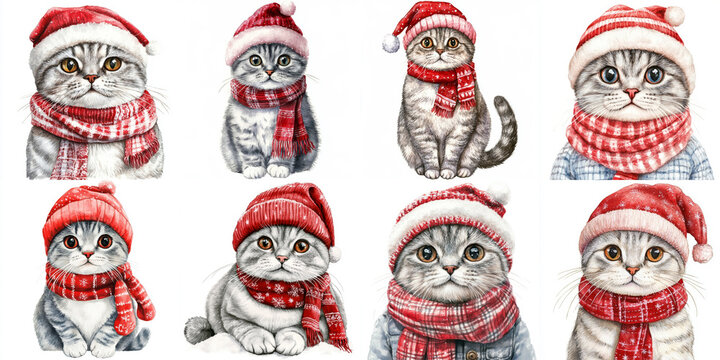 Adorable Scottish Fold Kittens in Santa Hats and Scarves - Watercolor illustration of eight cute Scottish Fold cats wearing festive Santa hats and red scarves, perfect for Christmas cards, pet-themed 