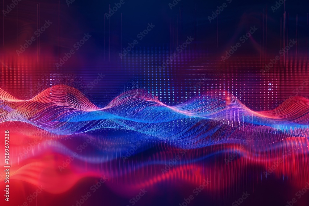 Poster Vibrant digital wave patterns create a mesmerizing visual display in blue and red hues, illustrating sound and light interactions in a dynamic setting