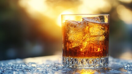 Iced brown drink in a glass at sunset.