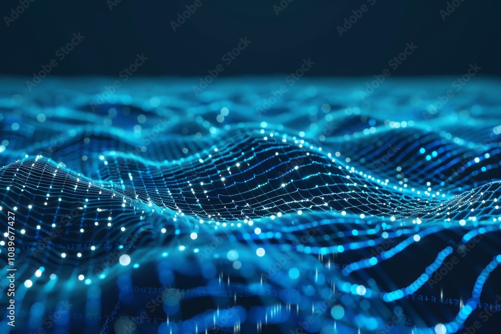 Poster a mesmerizing ocean of glowing blue waves with a digital network effect, representing data movement 