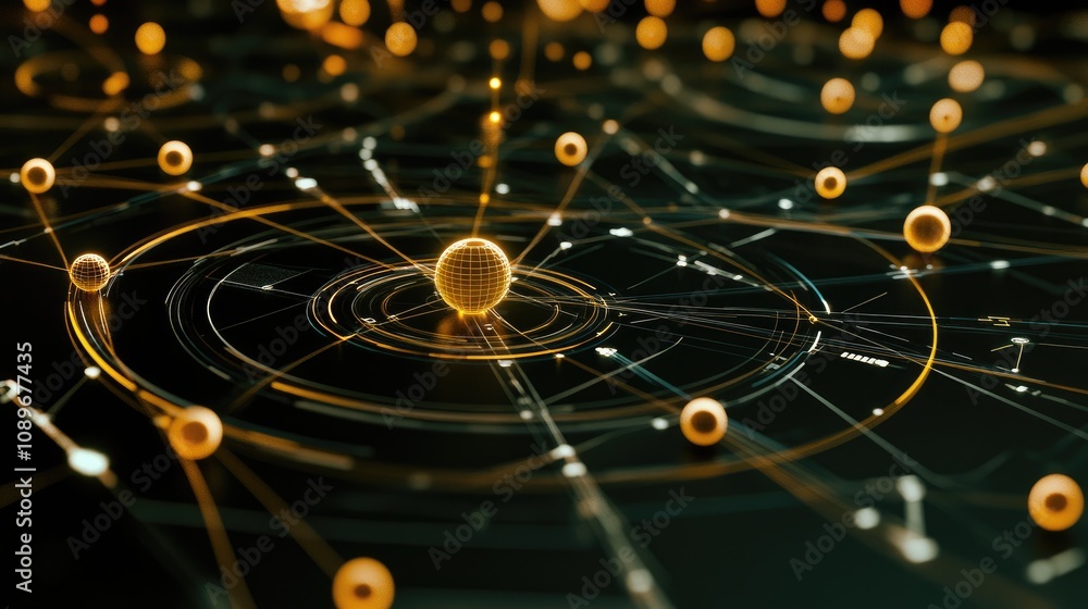 Poster futuristic network visualization with golden spheres and circles representing complex data connectio