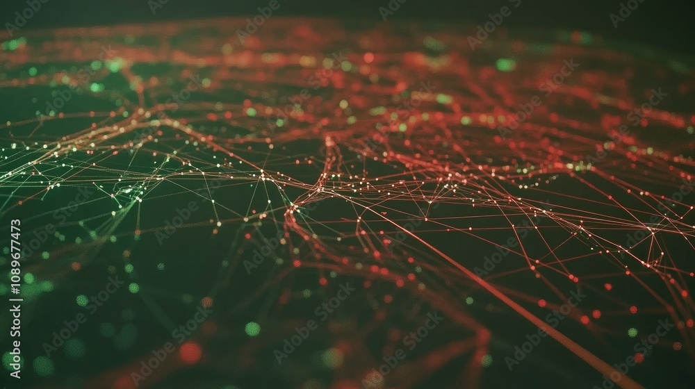 Poster abstract digital network with glowing connection lines and nodes represented in red and green colors
