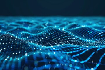 A mesmerizing ocean of glowing blue waves with a digital network effect, representing data movement and technology