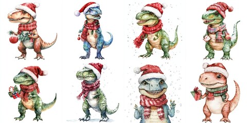 Adorable T-Rexes in Winter Hats: Watercolor Christmas Illustration - Cute watercolor T-Rex dinosaurs wearing winter hats and scarves, holding gifts, Christmas spirit, holiday cheer.