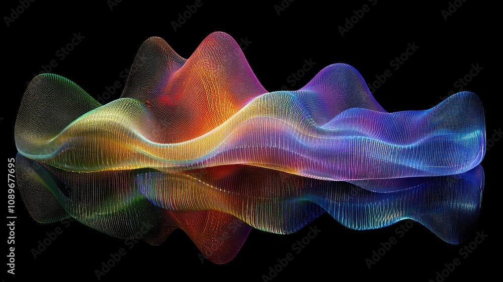 Poster vibrant multicolored waveform representation displaying dynamic motion and light reflections against